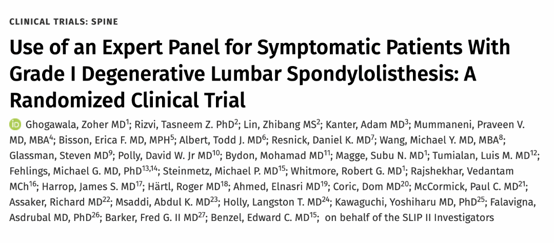 Neurosurgery 11/6/25: Use of Expert Panel for Symptomatic Patients with Grade I Degenerative Lumbar Spondylolisthesis: A Randomized Clinical Trial